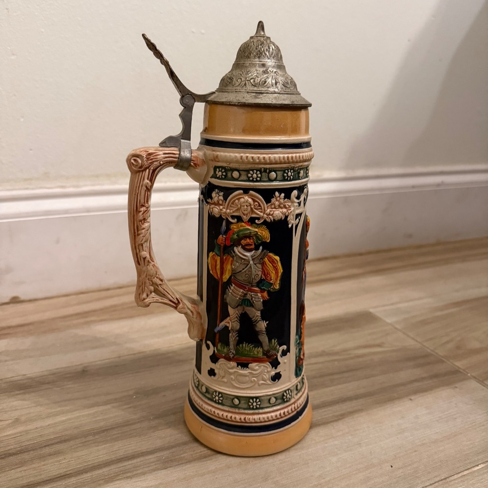 Vintage German Beer Stein Ceramic Lidded Relief Knight Renaissance Scene 11.5"